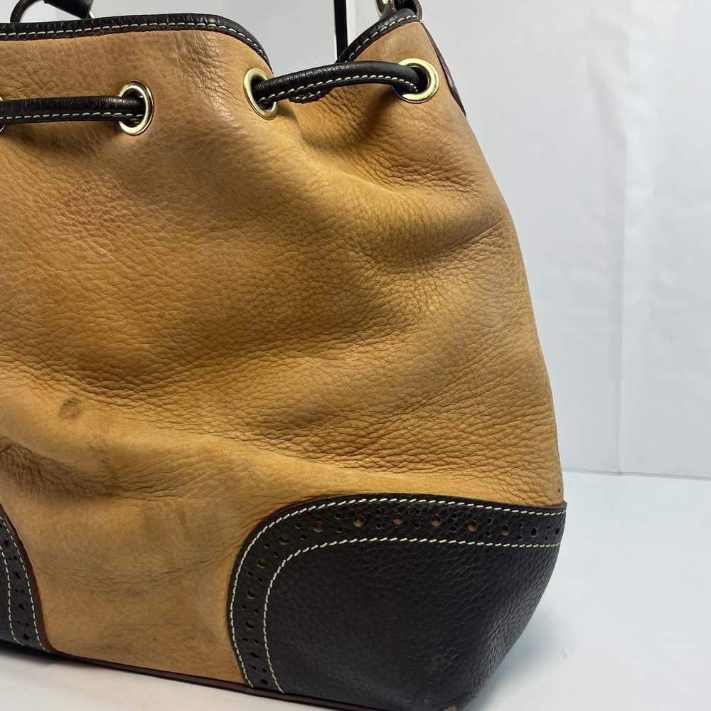 Dooney Bourke Brown Suede Black Leather Drawstring Bucket Bag - Picture 7 of 10